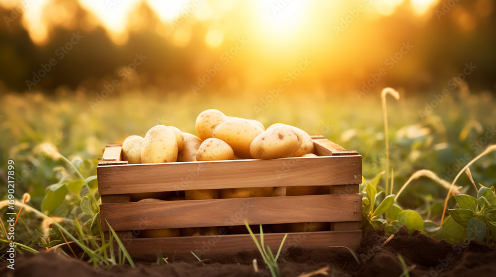 Yellow big potatoes, Yukon gold variety in the wooden crate box on the green lawn with autumn yellow and leaves