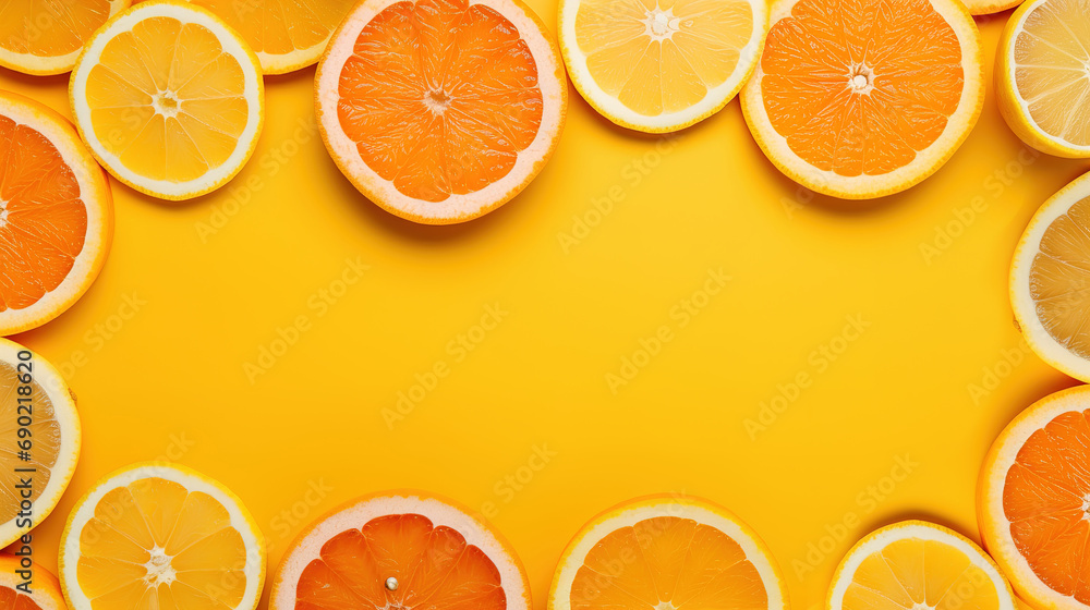 Flatlay of fresh citrus fruits on yellow background with copy space Flatlay of fresh citrus fruits on yellow background with copy space