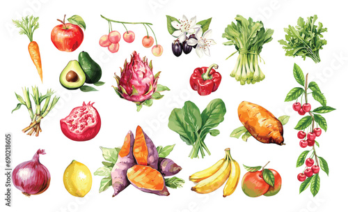 Watercolor painted collection of vegetables and fruits. Hand drawn fresh food design elements isolated on white background.