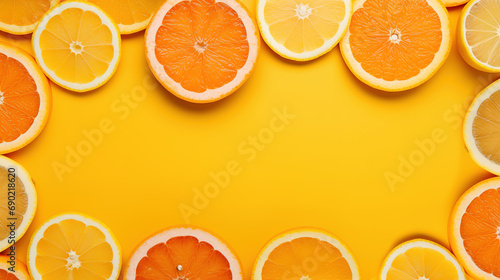 Flatlay of fresh citrus fruits on yellow background with copy space