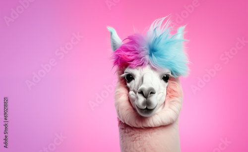 Creative animal concept. Alpaca head over pastel bright background.