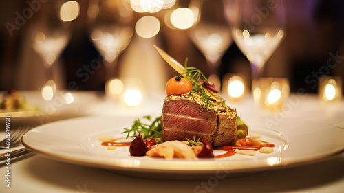 Exquisite main course meal at a luxury restaurant, wedding food catering and English cuisine photo