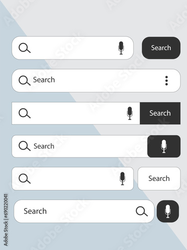 Various search bar templates. For Internet browser engine with search box, address bar and text field. UI design, website interface element with web icons and push button. Vector illustration