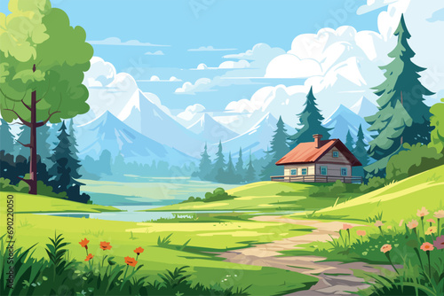 Landscape with forest and mountains, Vector illustration