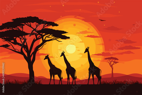 African sunset landscape with safari animals silhouettes, Silhouettes of wild African giraffes at sunset, Animals in forest, Vector illustration