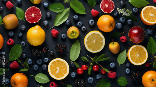 Fresh fruits. Pattern of fruits and berries on a black background. Flat design. 