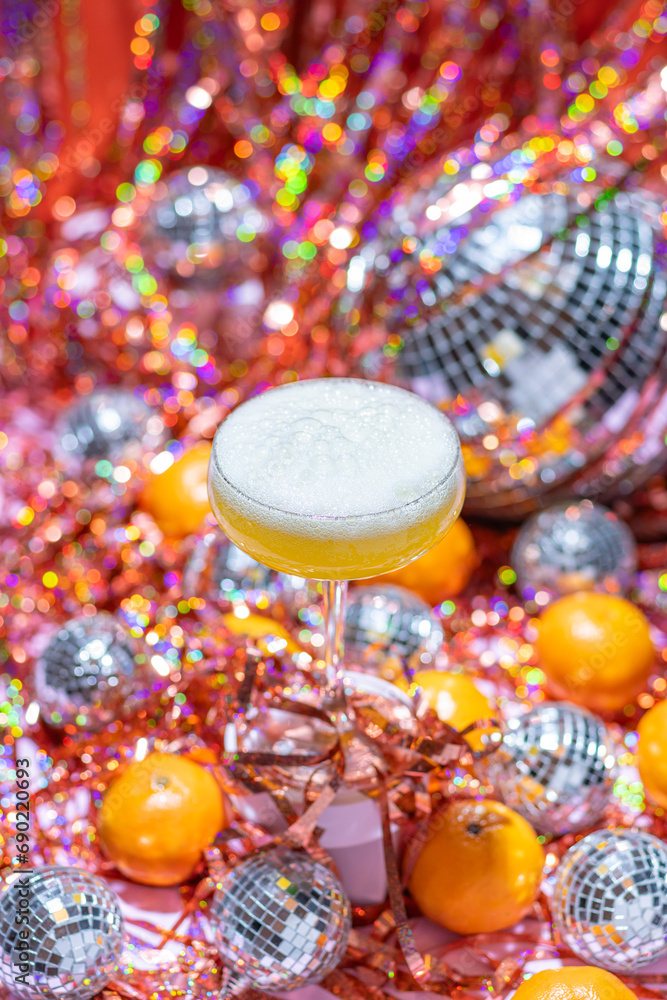 Festive Sparkling Wine styled for a vibrant disco party, New Year's Eve.