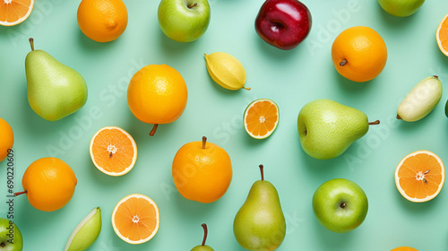 Fresh fruits. Pattern of fruits and berries on a green background. Flat design.  