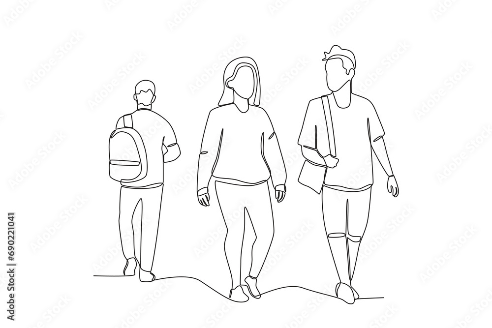 Single continuous line drawing of a group of student coming home from school. outdoor crowd concept, vector illustration of male and female crowd
Single continuous line drawing of a group of student coming home from school. outdoor crowd concept, vector illustration of male and female crowd
