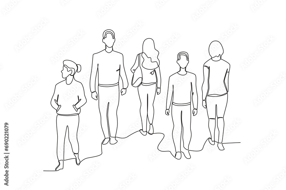 Single continuous line drawing of people on the street. outdoor crowd concept, vector illustration of male and female crowd
Single continuous line drawing of people on the street. outdoor crowd concept, vector illustration of male and female crowd