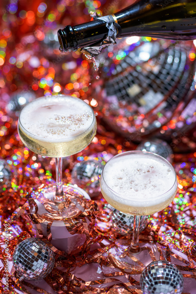 Festive Sparkling Wine styled for a vibrant disco party, New Year's Eve.