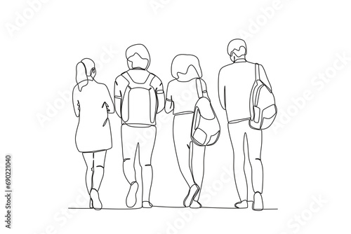 Single continuous line drawing of a group of student coming home from school. outdoor crowd concept, vector illustration of male and female crowd
