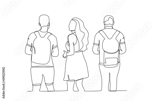Single continuous line drawing of a group of student coming home from school. outdoor crowd concept, vector illustration of male and female crowd
