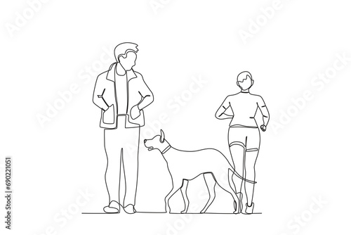 Single continuous line drawing of people jogging accompained by dog. outdoor crowd concept, vector illustration of male and female crowd
 photo