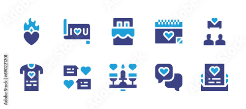 Valentine's Day icon set. Duotone color. Vector illustration. Containing chocolate, dating, message, passion, couple, chat, shirt, letter, wedding, love message. © Huticon