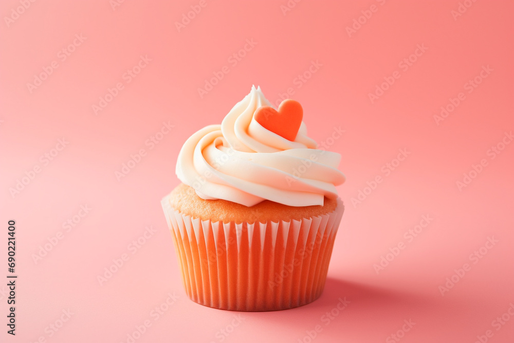 Muffin (cake) decorated with cream and peach heart for Valentine's Day on a peach background Muffin (cake) decorated with cream and peach heart for Valentine's Day on a peach background