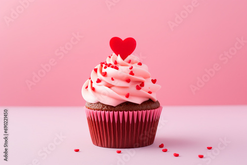 Chocolate muffin (cake) decorated with cream and a red  heart for Valentine's Day on a pink background