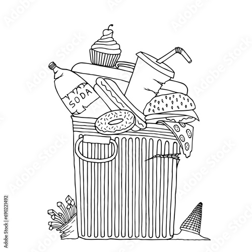 Trash can with junk food. Hand Drawn. Freehand drawing. Doodle. Sketch. Outline.	