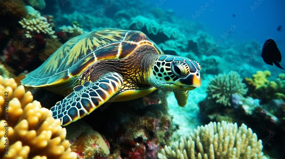 Naklejka premium Underwater Scene With Coral Reef And Exotic Fishes