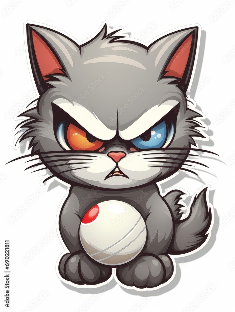 Evil Kitten sticker in cartoon style with white ball, AI Evil Kitten sticker in cartoon style with white ball, AI