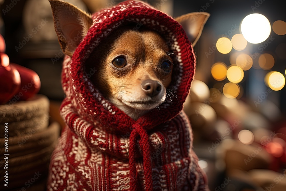 Dog Chihuahua Animal wearing christmas knitted sweater, illustration