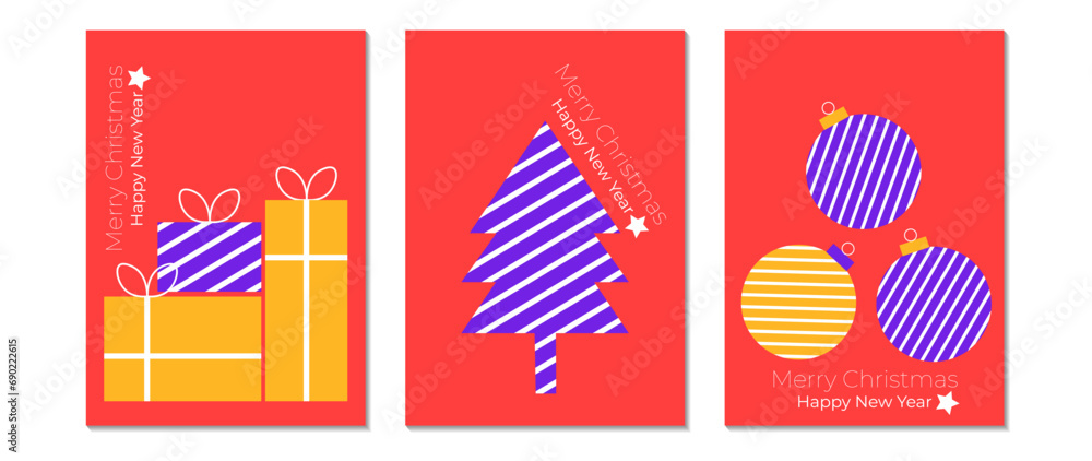 Set of Merry Christmas and Happy New Year conceptual backgrounds. Christmas tree elements, geometric shaped gifts, toys. Artistic design for card, poster, cover, banner, decoration. Set of Merry Christmas and Happy New Year conceptual backgrounds. Christmas tree elements, geometric shaped gifts, toys. Artistic design for card, poster, cover, banner, decoration.