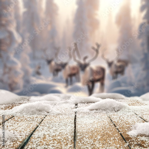 Empty mockup background of cold winter time. Blurred background with reindeers. Landscape of winter forest. Christmas time. Natural light and backdrop. 