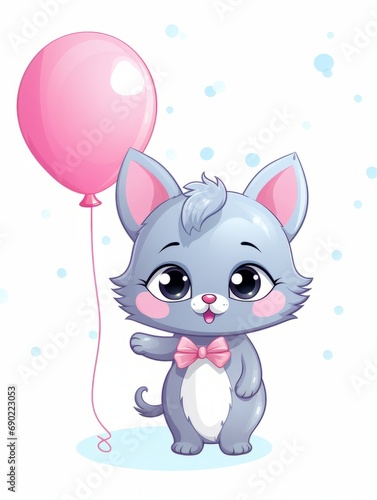 Cartoon sticker cute kitten with pink balloon, AI