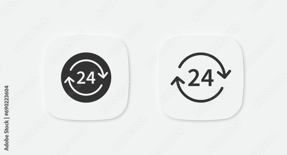 Clock 24 icon. Time symbol. Watch signs. Hour symbols. 2 arrows icons. Vector isolated sign. Clock 24 icon. Time symbol. Watch signs. Hour symbols. 2 arrows icons. Vector isolated sign.