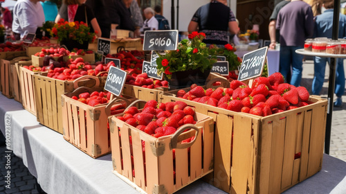 : ripe strawberries arranged on thin wooden box, showcased at a vibrant street food market, capturing the essence of summer and providing a tempting treat.