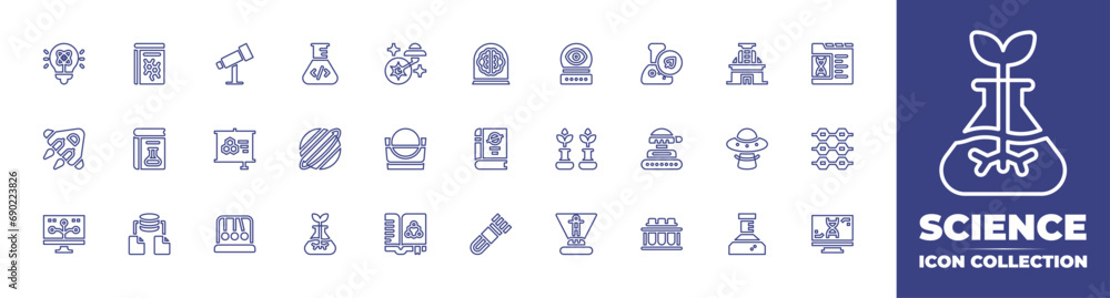 Science line icon collection. Editable stroke. Vector illustration. Containing light, spaceship, bioinformatics, science book, science fiction, data science, telescope, theory, pendulum, research.