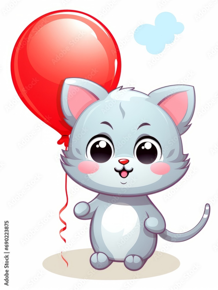 Cartoon sticker cute kitten with red balloon, AI Cartoon sticker cute kitten with red balloon, AI