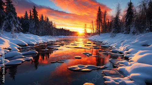 Winter mountain river in snow landscape. Snow landscape on winter mountain © alexkich