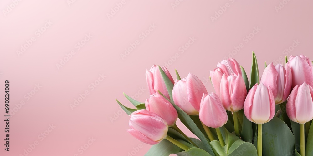 A row of pink tulips lines the bottom edge on a soft pink canvas. A row of pink tulips lines the bottom edge on a soft pink canvas.