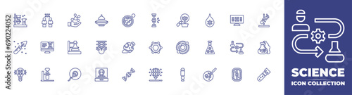 Science line icon collection. Editable stroke. Vector illustration. Containing research, orbit, telescope, biology, chemistry, fertilization, petri dish, chemical, botany, light bulb, ufo, robot.