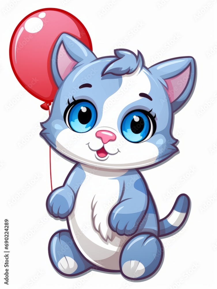 Cartoon sticker cute kitten with red balloon, AI Cartoon sticker cute kitten with red balloon, AI