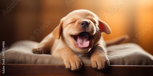 Exuberant puppy yawns wide, comfort evident in its bright eyes.