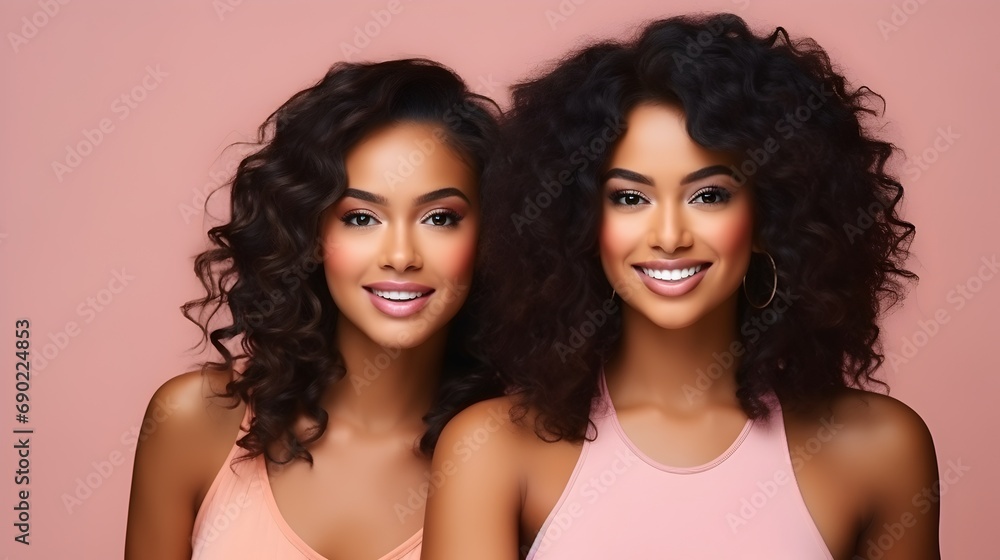 Obraz premium Beautiful woman with an afro hairstyle on peach studio background