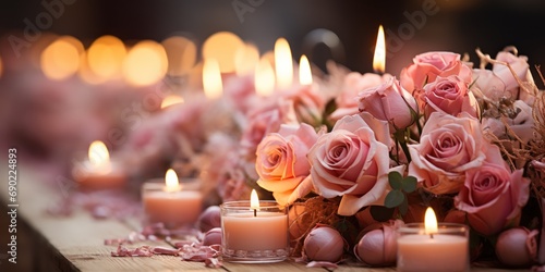 Banquet table is set gracefully with candles and flowers  awaiting guests.