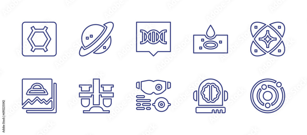 Science line icon set. Editable stroke. Vector illustration. Containing saturn, chemistry, dialogue, slide, glasses, brain, big bang, solar system, cell, photo.
