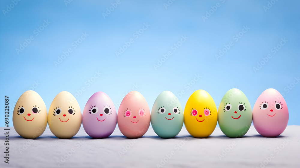 Colorful Easter eggs with cute painted faces, ideal for joyful spring themes Colorful Easter eggs with cute painted faces, ideal for joyful spring themes