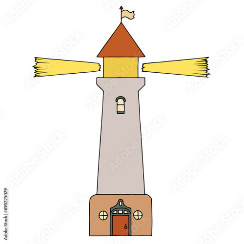Lighthouse with rays of light on a white background. Hand Drawn. Freehand drawing. Doodle. Sketch. Outline.	