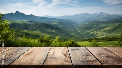 Majestic mountain landscape with wooden foreground.