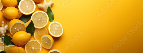 Lemons on yellow background with ginger, great for vibrant culinary compositions photo
