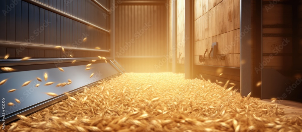 Loading process of wheat grain in elevator granary warehouse Agro manufacturing plant equipment Harvest time. Website header. Creative Banner. Copyspace image - obrazy, fototapety, plakaty 