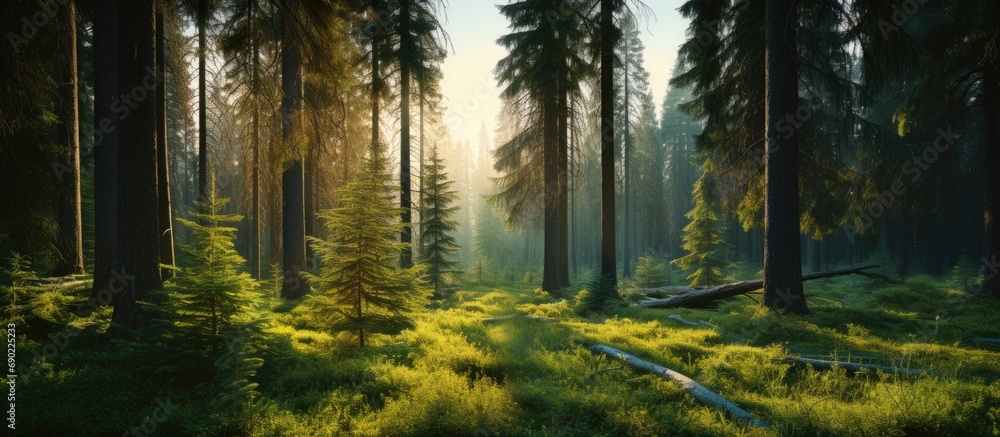 Healthy green trees in a forest of old spruce fir and pine trees in wilderness of a national park lit by bright yellow sunlight Sustainable industry ecosystem and healthy environment concepts - obrazy, fototapety, plakaty 