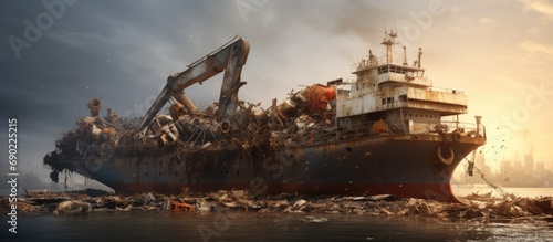 Metal scrap being loaded into a ship for recycling Excavator Loading Scrap Metal on Cargo Ship Grab crane unloads scrap metal Industrial waste Sorting and Shipping scrap yard. Website header photo