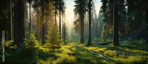 Healthy green trees in a forest of old spruce fir and pine trees in wilderness of a national park lit by bright yellow sunlight Sustainable industry ecosystem and healthy environment concepts © HN Works
