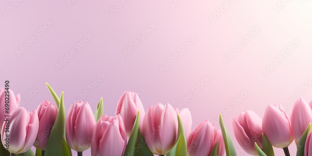Fototapeta premium Pink tulips stand in a neat line with a pastel backdrop enhancing their color.