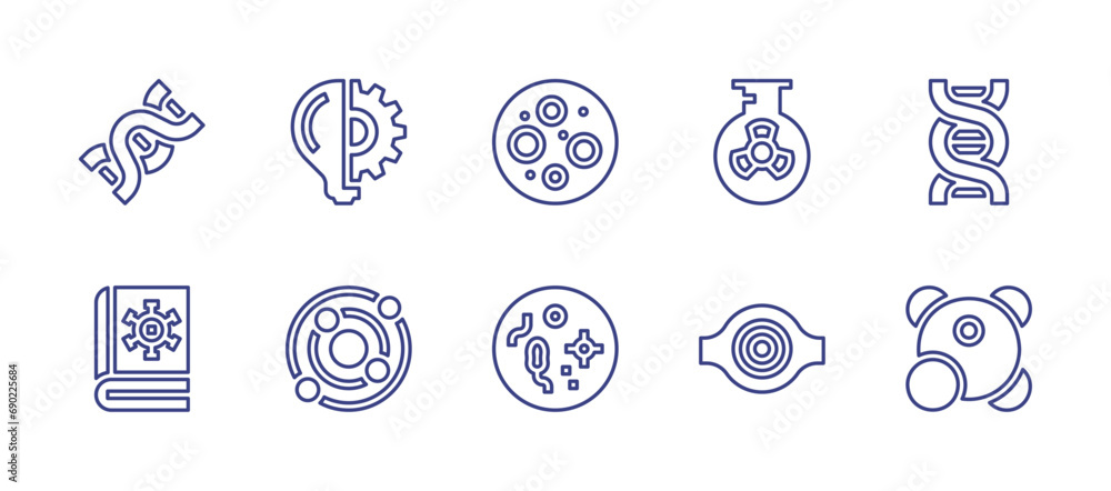 Science line icon set. Editable stroke. Vector illustration. Containing idea, atom, flask, dna, black hole, metabolism, moon, virus, book.